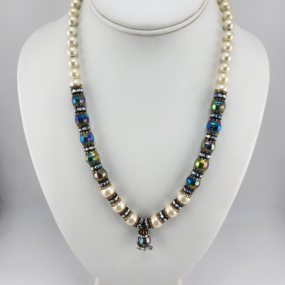 Faux Pearl And Aurora Borialis Crystal‎ Vintage Style Necklace